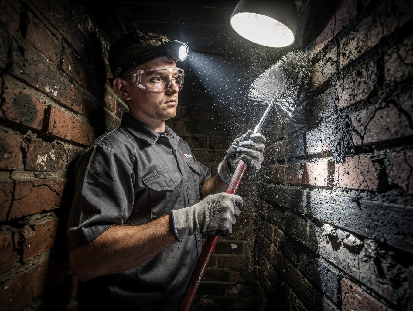 Professional technician performing a chimney sweep and inspection on a residential roof